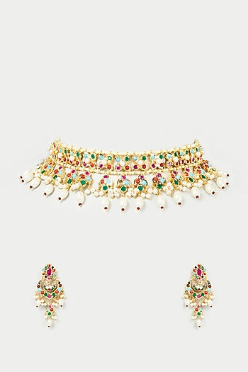 Gold Finish Multi-Colored Bead Choker Necklace Set