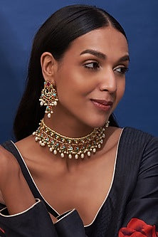 Gold Finish Multi-Colored Bead Choker Necklace Set