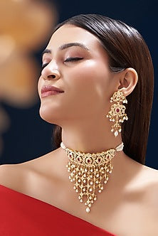 Gold Finish Ruby & Kundan Polki Choker Necklace Set