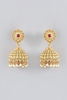 Gold Finish Kundan Polki & Pearl Jhumka Earrings
