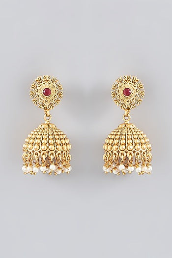 Gold Finish Kundan Polki & Pearl Jhumka Earrings