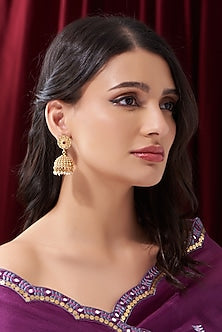Gold Finish Kundan Polki & Pearl Jhumka Earrings