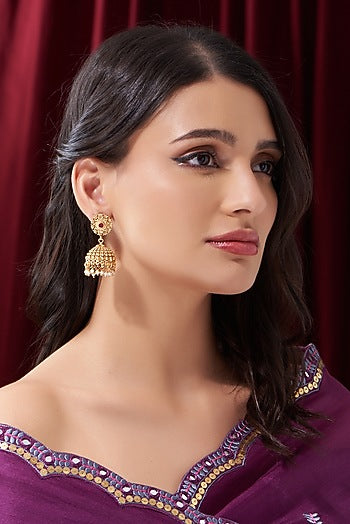 Gold Finish Kundan Polki & Pearl Jhumka Earrings