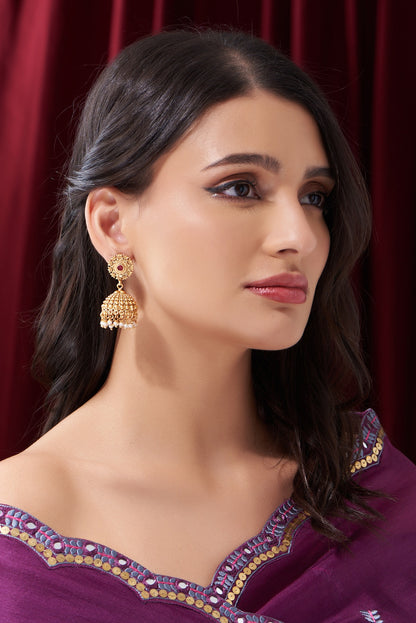 Gold Finish Kundan Polki & Pearl Jhumka Earrings