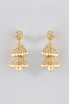 Gold Finish Kundan Polki & Pearl Jhumka Earrings