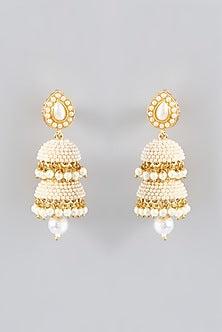 Gold Finish Kundan Polki & Pearl Jhumka Earrings