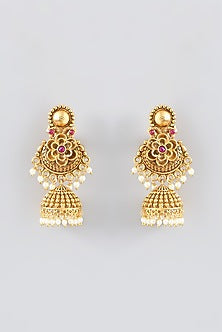 Gold Finish Kundan Polki & Pearl Jhumka Earrings