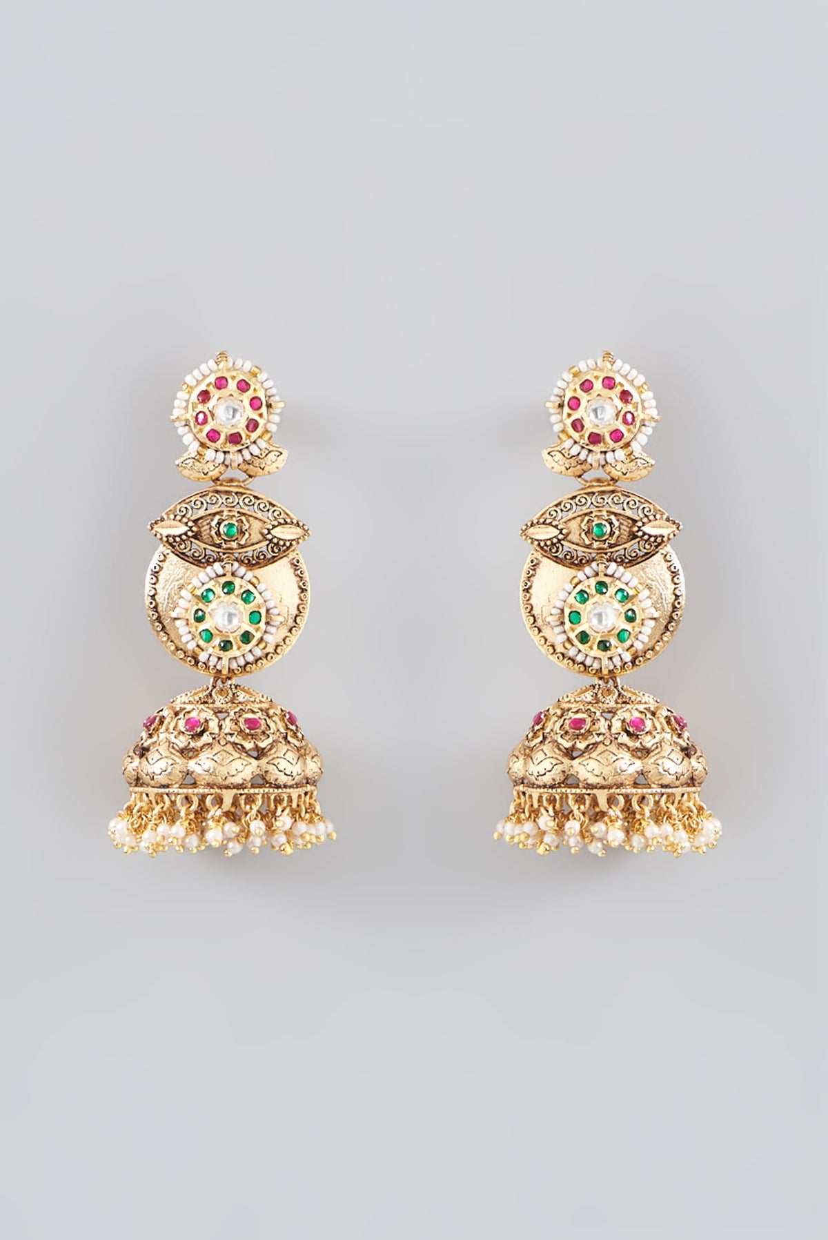 Gold Finish Kundan Polki & Pearl Jhumka Earrings