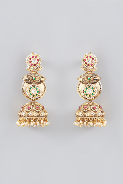 Gold Finish Kundan Polki & Pearl Jhumka Earrings