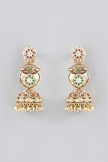 Gold Finish Kundan Polki & Pearl Jhumka Earrings