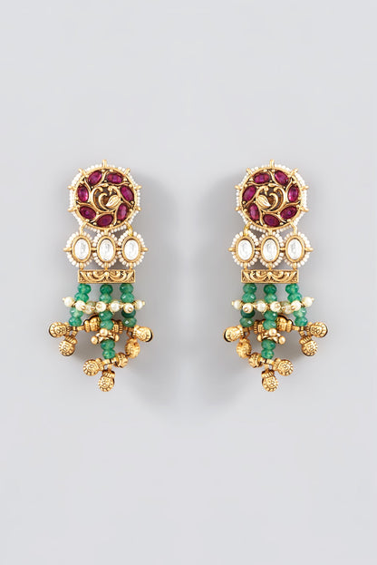 Gold Finish Kundan Polki & Pearl Dangler Earrings