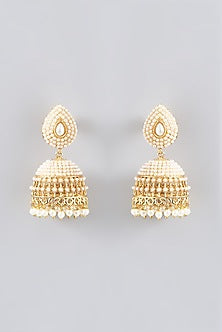 Gold Finish Kundan Polki & Pearl Jhumka Earrings