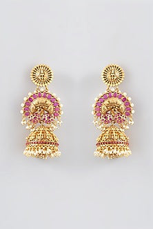 Gold Finish Kundan Polki & Red Stone Temple Jhumka Earrings