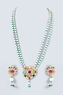 Gold Finish Kundan Polki & Multi-Colored Stone Long Necklace Set