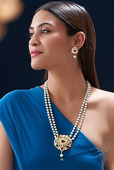 Gold Finish Kundan Polki & Multi-Colored Stone Long Necklace Set