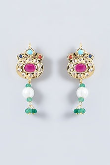 Gold Finish Kundan Polki & Multi-Colored Stone Long Necklace Set