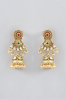 Gold Finish Kundan Polki & Stone Jhumka Earrings