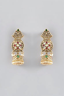 Gold Finish Kundan Polki & Stone Jhumka Earrings