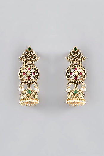 Gold Finish Kundan Polki & Stone Jhumka Earrings