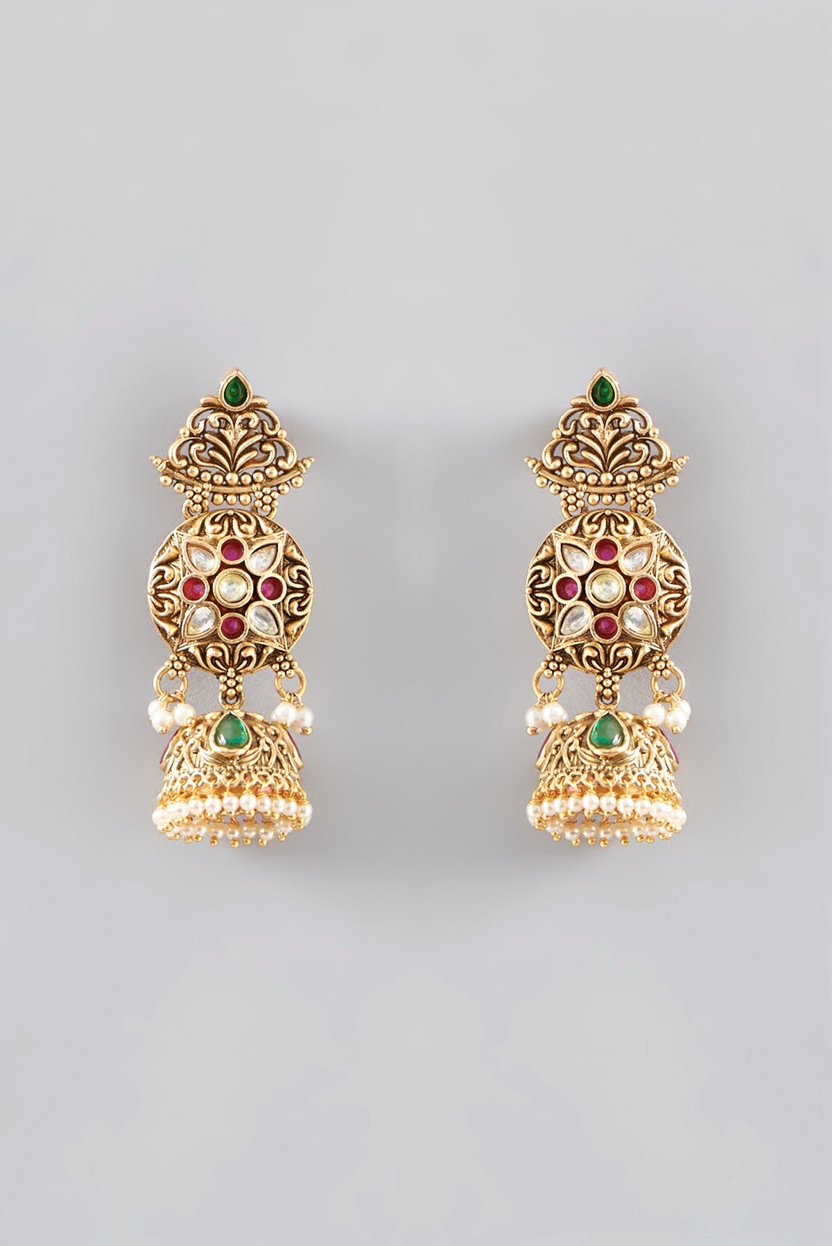 Gold Finish Kundan Polki & Stone Jhumka Earrings