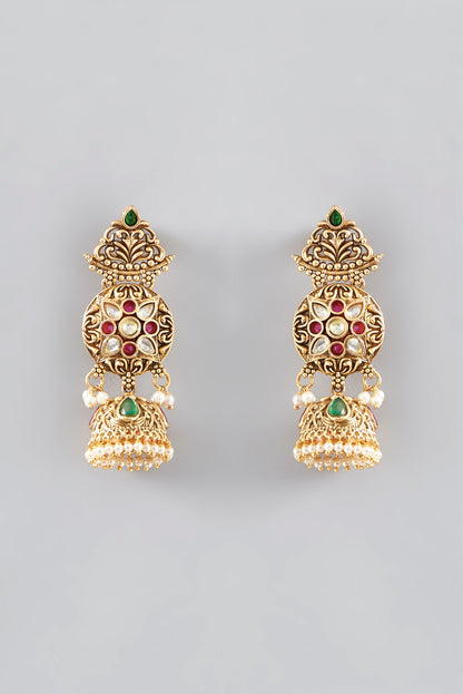 Gold Finish Kundan Polki & Stone Jhumka Earrings
