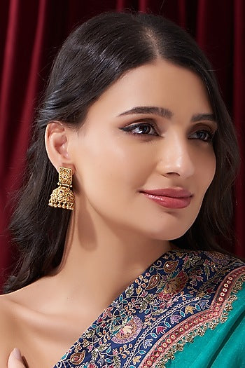 Gold Finish Kundan Polki Temple Dangler Earrings