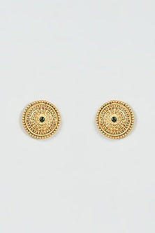 Gold Finish Emerald Synthetic Stone Temple Stud Earrings