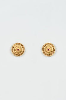 Gold Finish Ruby Synthetic Stone Temple Stud Earrings