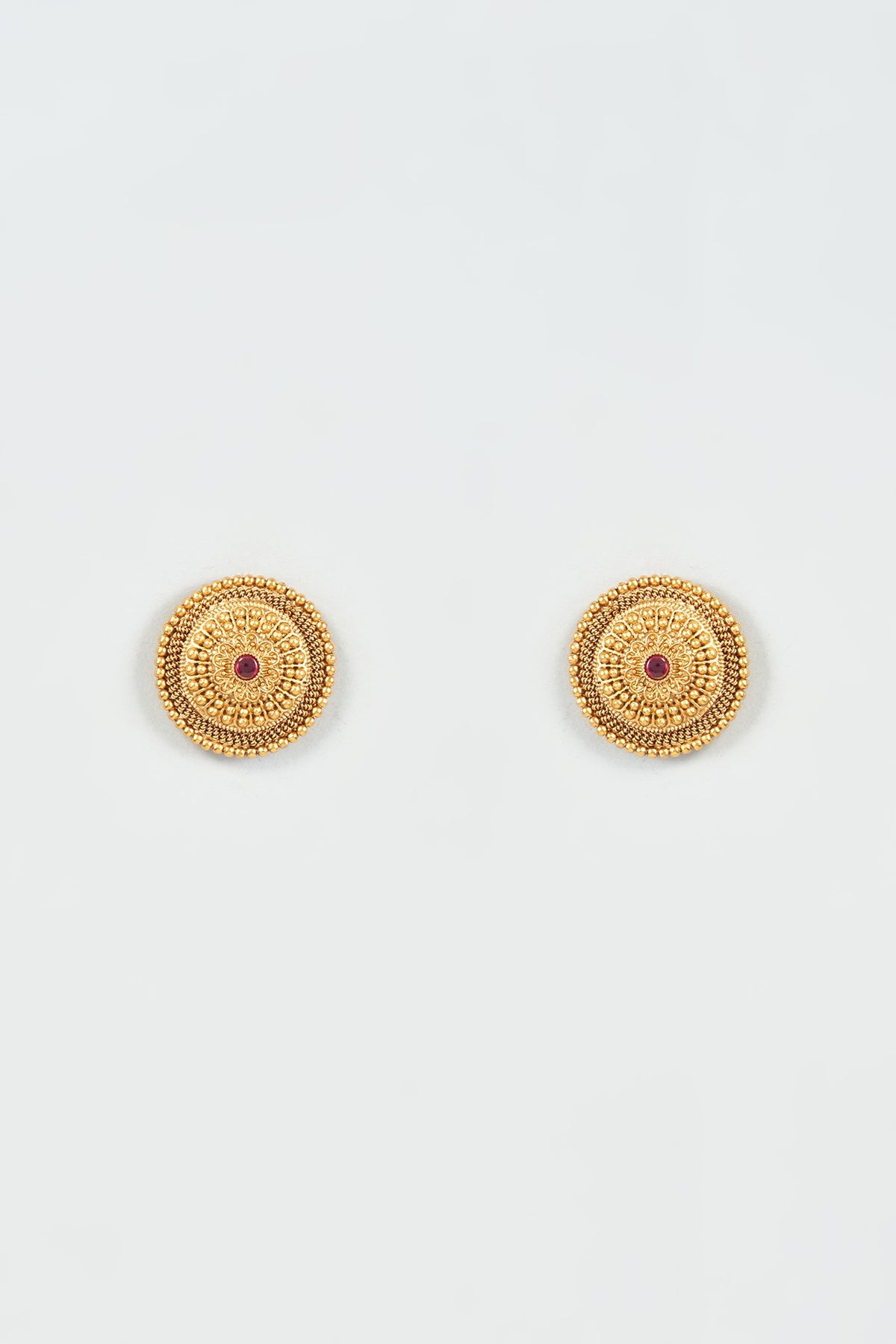 Gold Finish Ruby Synthetic Stone Temple Stud Earrings