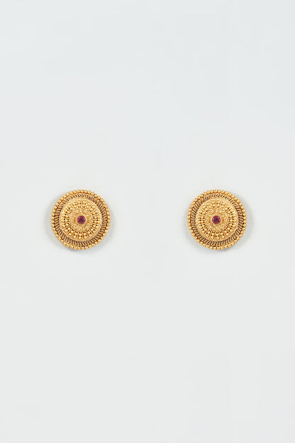 Gold Finish Ruby Synthetic Stone Temple Stud Earrings