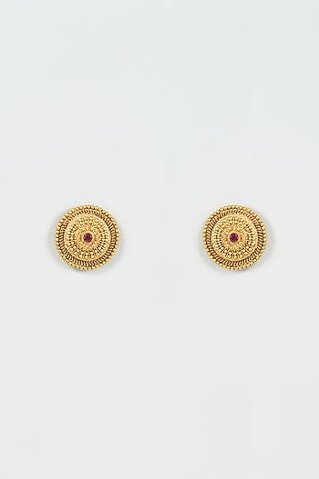 Gold Finish Ruby Synthetic Stone Temple Stud Earrings