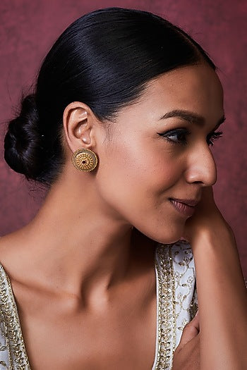 Gold Finish Ruby Synthetic Stone Temple Stud Earrings
