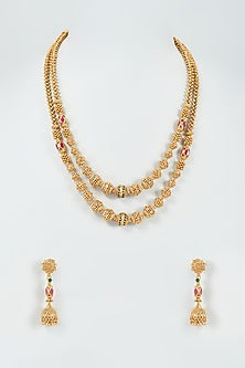 Gold Finish Kundan Polki Temple Mala Necklace Set