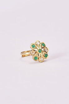 Gold Finish Kundan Polki & Green Stone Ring