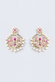 Gold Finish Kundan Polki & Ruby Chandbali Earrings