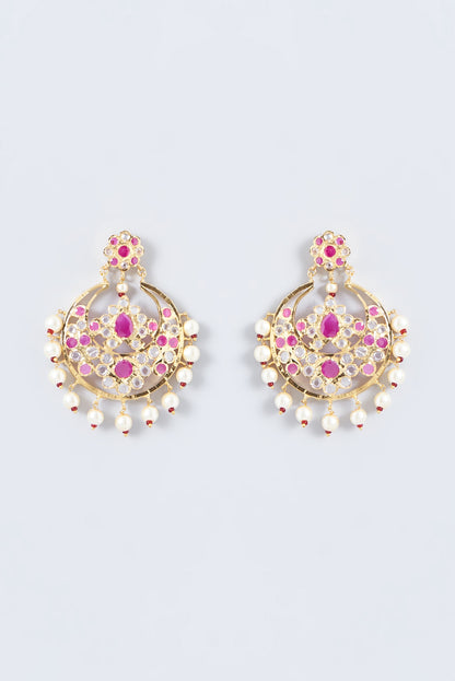 Gold Finish Kundan Polki & Ruby Chandbali Earrings