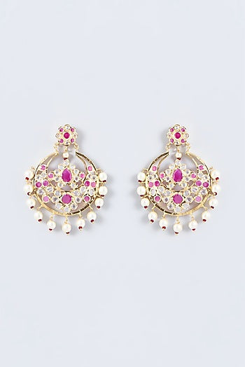 Gold Finish Kundan Polki & Ruby Chandbali Earrings