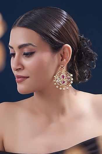 Gold Finish Kundan Polki & Ruby Chandbali Earrings