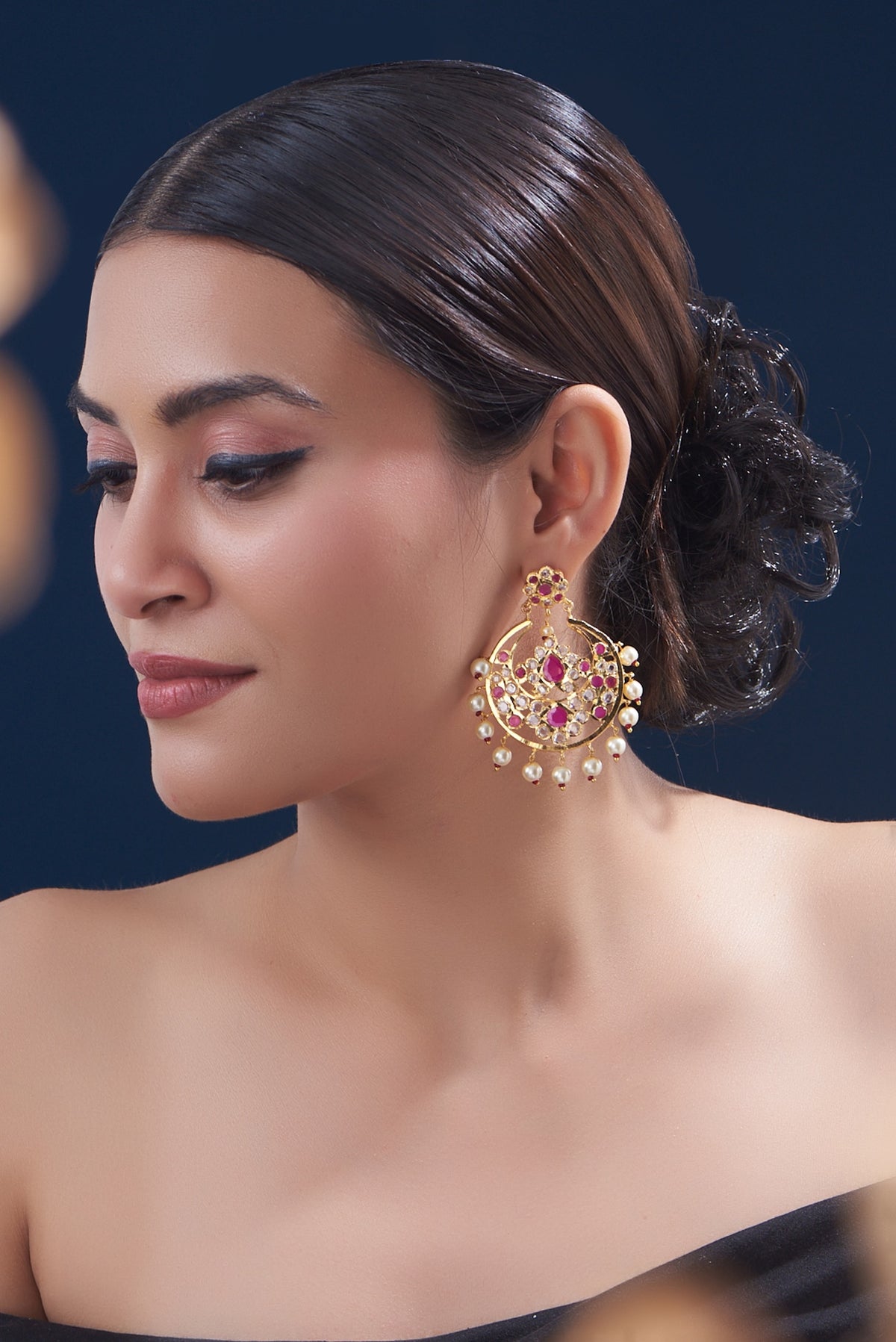 Gold Finish Kundan Polki & Ruby Chandbali Earrings