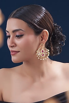 Gold Finish Kundan Polki & Ruby Chandbali Earrings