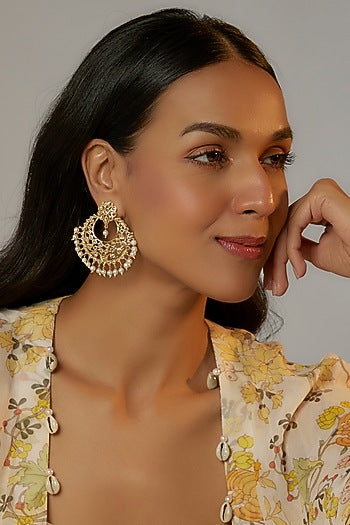 Gold Finish Kundan Polki Chandbali Earrings