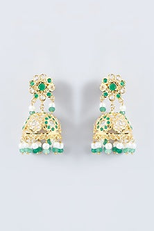Gold Finish Kundan Polki & Emerald Jhumka Earrings