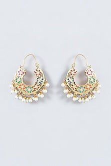 Gold Finish Kundan Polki & Multi-Colored Stone Chandbali Earrings