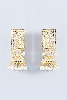 Gold Finish Kundan Polki & Pearl Jhumka Earrings