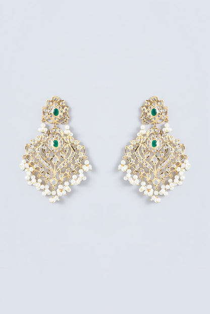 Gold Finish Kundan Polki & Emerald Stone Dangler Earrings