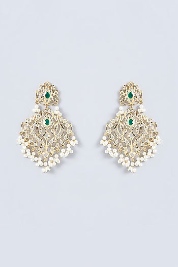 Gold Finish Kundan Polki & Emerald Stone Dangler Earrings