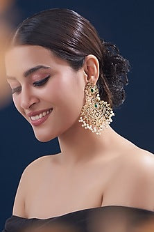 Gold Finish Kundan Polki & Emerald Stone Dangler Earrings