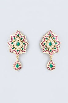 Gold Finish Kundan Polki & Multi-Colored Stone Stud Earrings