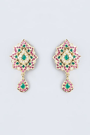 Gold Finish Kundan Polki & Multi-Colored Stone Stud Earrings
