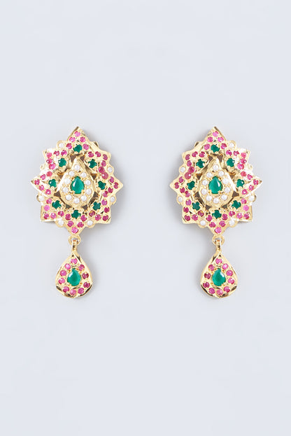 Gold Finish Kundan Polki & Multi-Colored Stone Stud Earrings